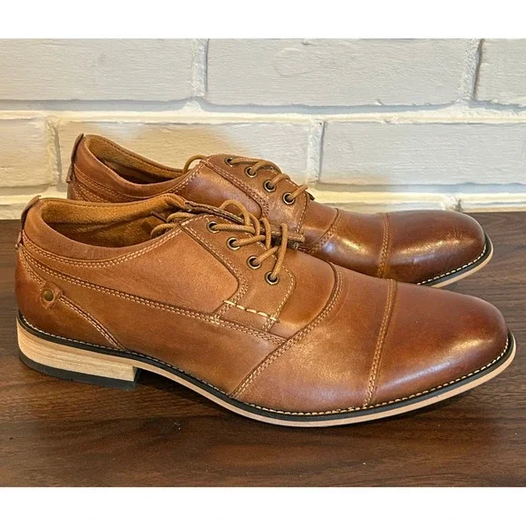 NEW Kunsto Mens Brown Leather Cap Toe Oxford Dress Shoes Lace Up Size 8.5 Preppy - Picture 1 of 6